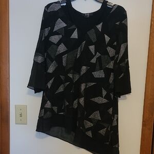 Lior Paris Womens Black & Silver Asymetrical Blouse with Sheer Accent SZ M